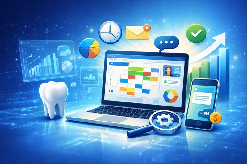 Clínica odontológica com tecnologia para gestão, representando o uso de sistema digital para organização de agenda, controle financeiro, atendimento ao paciente e análise de indicadores, com foco em eficiência, modernização e crescimento da clínica.