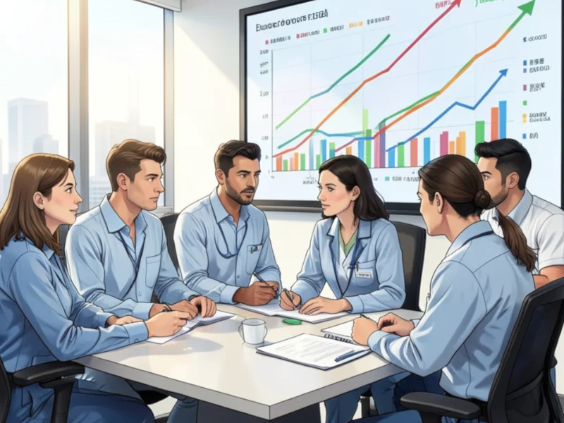 Equipe analisando tendências do mercado em painel de sistema odontológico