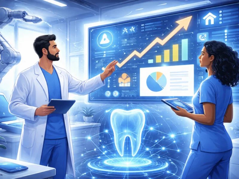equipe analisando indicadores de gestão odontológica em clínica moderna