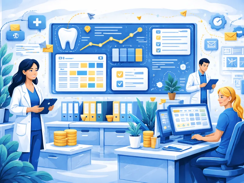 Equipe odontológica utilizando sistema odontológico para organizar agenda e gestão da clínica