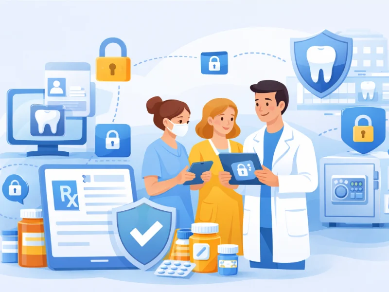 Profissional utilizando sistema odontológico para emissão e controle de dispensação de receitas digitais em clínica odontológica
