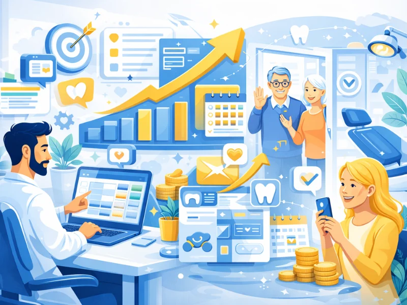 ilustração de software odontológico ajudando clínica odontológica a enviar campanhas e mensagens para clientes