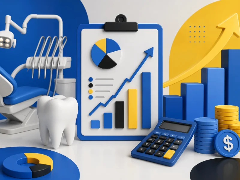 profissional analisando controle financeiro em clínica odontológica com sistema digital