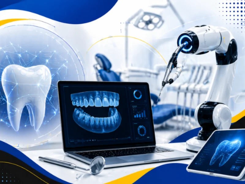 profissional analisando dados em sistema com inteligência artificial na odontologia