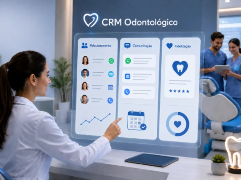 Equipe odontológica utilizando CRM para organizar relacionamento com pacientes