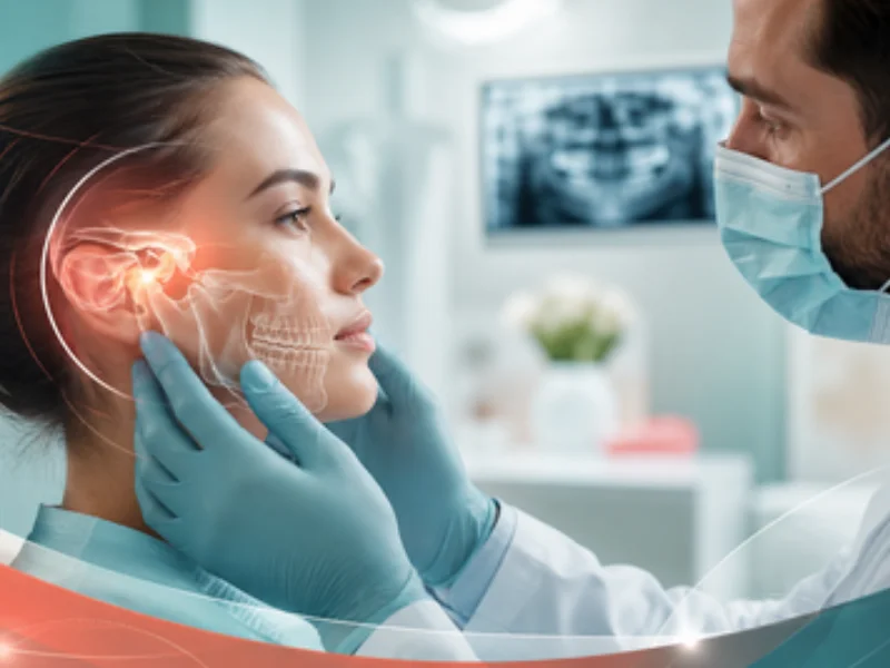 dentista fazendo diagnóstico de DTM na clínica odontológica